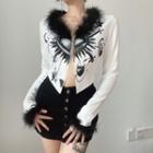 Faux Fur Collared Print Open Front Jacket