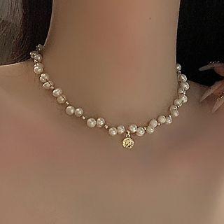 Faux Pearl Choker Off-white & Gold - One Size