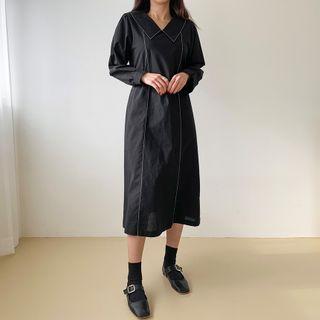 Collared Tie-waist Stitched Long Dress
