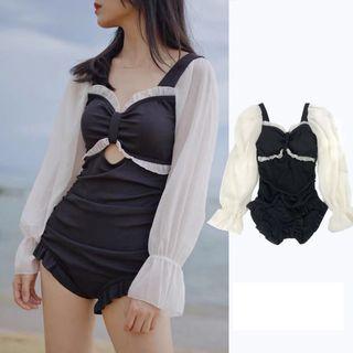 Long-sleeve Frill Trim Cutout Swimsuit