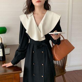 Long-sleeve Wide-collar Double-breasted Midi A-line Dress Black - One Size