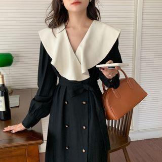 Long-sleeve Wide-collar Double-breasted Midi A-line Dress Black - One Size