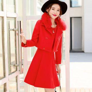 Set: Double-breasted Cropped Jacket + Sleeveless A-line Dress