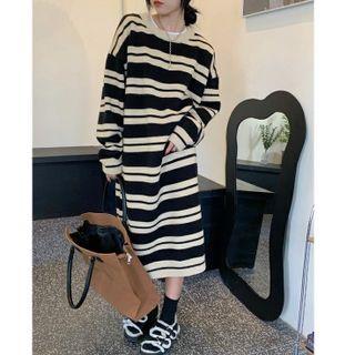 Long-sleeve Striped Knit Dress Black - One Size
