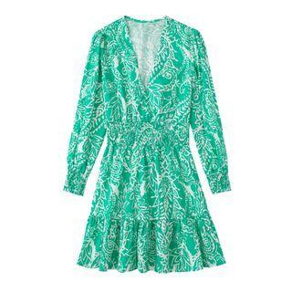 Long-sleeve V-neck Paisley A-line Dress