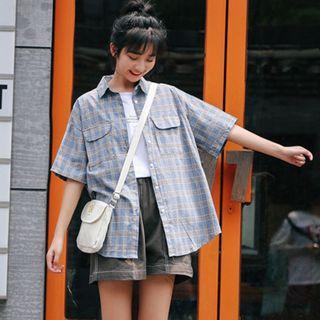 Plaid Elbow-sleeve Shirt / Wide-leg Shorts