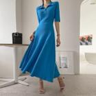 Elbow-sleeve Flared Waffle Long Dress