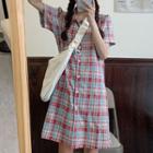 Short-sleeve Plaid Shirt Dress As Shown In Figure - One Size
