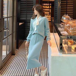 Set: Tie-neck Cardigan + Midi Knit Skirt
