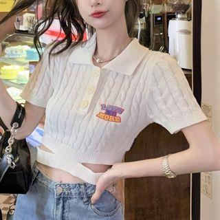 Short-sleeve Letter Embroidered Polo Knit Top Almond - One Size