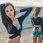 Set Of 3: Long-sleeve Swim Top + Leaf Print Bikini Top + Swim Shorts