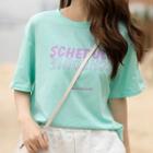 Short-sleeve Lettering T-shirt Aqua Green - One Size