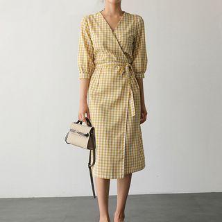 Elbow-sleeve Plaid Wrap Dress