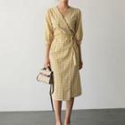 Elbow-sleeve Plaid Wrap Dress