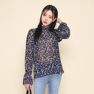 Mock-neck Floral-pattern Sheer Top