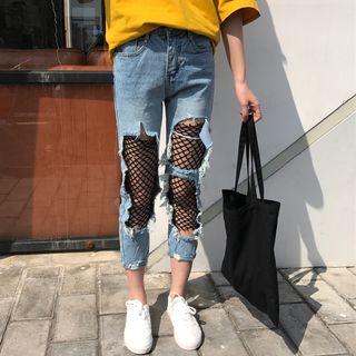Distressed Mesh Panel Jeans