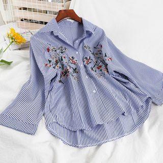 Long-sleeve Embroidered Striped Shirt Blue - One Size