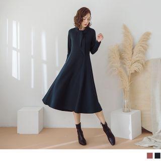 Neck-tie Long Sleeve Knit A-line Dress