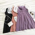 Color-block Square-neck Mesh Puff-sleeve Dress