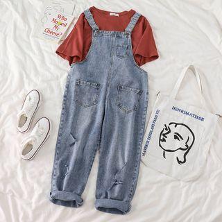 Car Print T-shirt / Distressed Denim Jumper Pants
