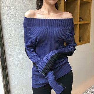 Color-block Off-shoulder Long-sleeve Slim-fit Knit Top