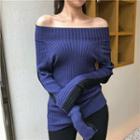 Color-block Off-shoulder Long-sleeve Slim-fit Knit Top
