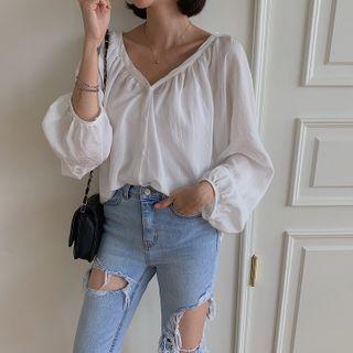 V-neck Shirred Lace-trim Blouse