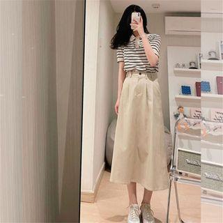 Short-sleeve Striped Polo Shirt / Midi Skirt / Set