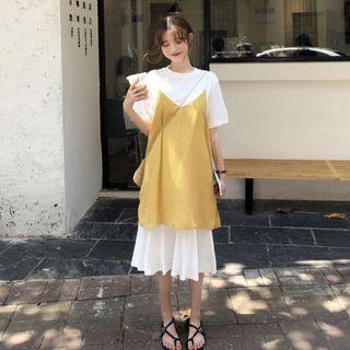 Set: Plain Short-sleeve Midi A-line Dress + Spaghetti Strap Dotted Mini A-line Dress