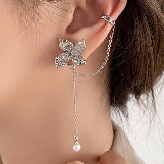 Bow Rhinestone Faux Pearl Dangle Earring 1 Pc - Silver Stud - Silver - One Size