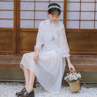 Traditional Chinese 3/4-sleeve Embroidered A-line Chiffon Dress