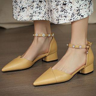 Block Heel Pointed Faux Pearl Ankle Strap Dorsay Pumps