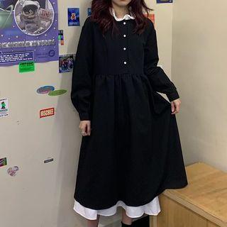 Long-sleeve Mock Two-piece Midi A-line Dress Black - One Size
