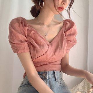 Puff-sleeve Crinkled Checker Top
