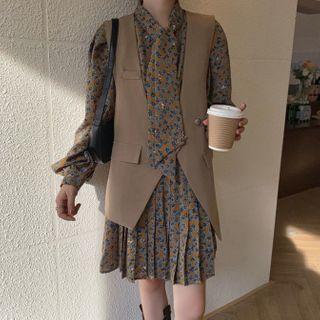 Long-sleeve Floral Print Tie-neck A-line Dress / Buttoned Vest