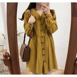 Long-sleeve Buttoned A-line Corduroy Dress