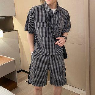 Set: Short-sleeve Plaid Polo Shirt + Shorts