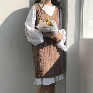 3/4-sleeve Ruffle Hem Dress / Long Knit Vest