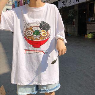 3/4-sleeve Printed Long T-shirt White - One Size
