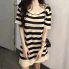 Short-sleeve Striped Knit Mini Dress Stripe - Black & White - One Size