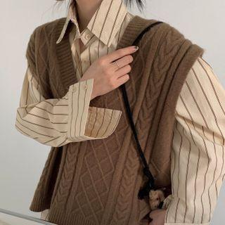 Striped Shirt / Cable Knit Sweater Vest