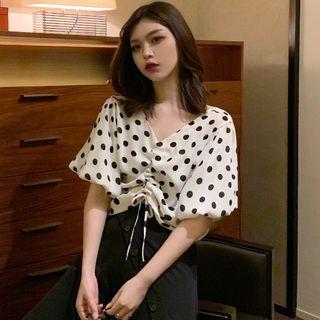 Drawstring Dotted Chiffon Blouse As Shown In Figure - One Size