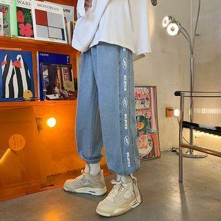 Lettering Drawstring-cuff Wide-leg Jeans