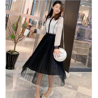 Set: Lace Blouse + Camisole Top + Mesh Midi A-line Skirt