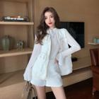 Set: Long-sleeve Blouse + Tweed Vest + Wide-leg Shorts
