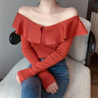 Off-shoulder Ruffled Plain Knit Top