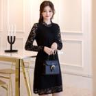 Mock-neck Keyhole-back Lace Dress