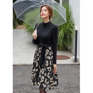 Mockneck Floral-panel Midi Dress