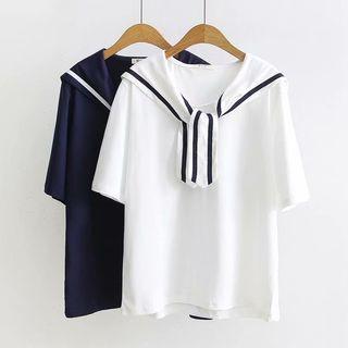 Sailor Collar Short-sleeve T-shirt / Lettering Elbow-sleeve T-shirt