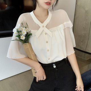 Elbow-sleeve Ruffle-trim Chiffon Blouse White - One Size